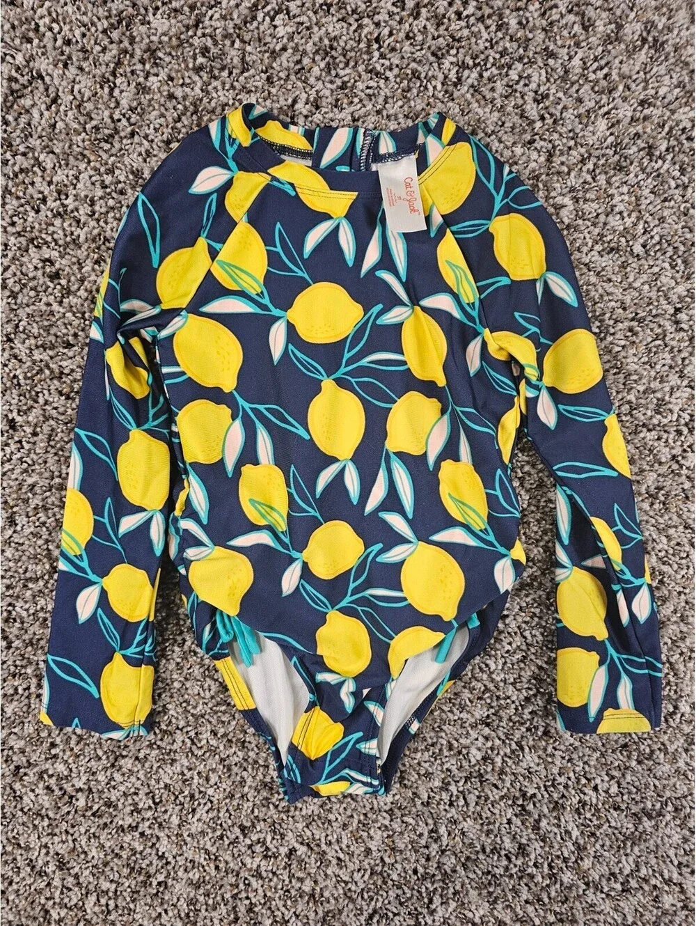 Cat & Jack Toddler Girls Sz 5T Long Sleeve One Piece Swimsuit Lemon Print Blue
